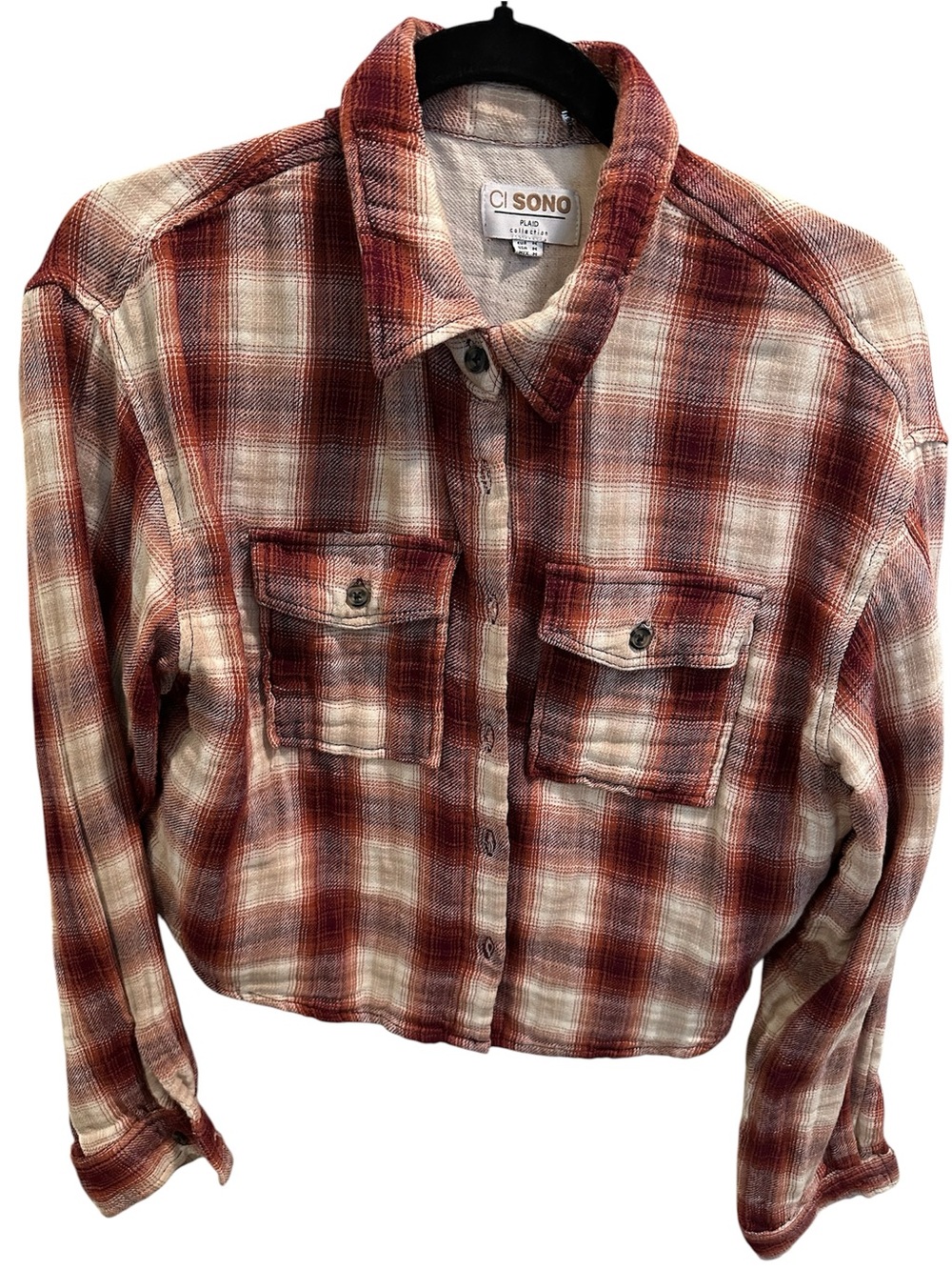 Ci Sono Rust and Cream Plaid Button-Front Shirt Jacket